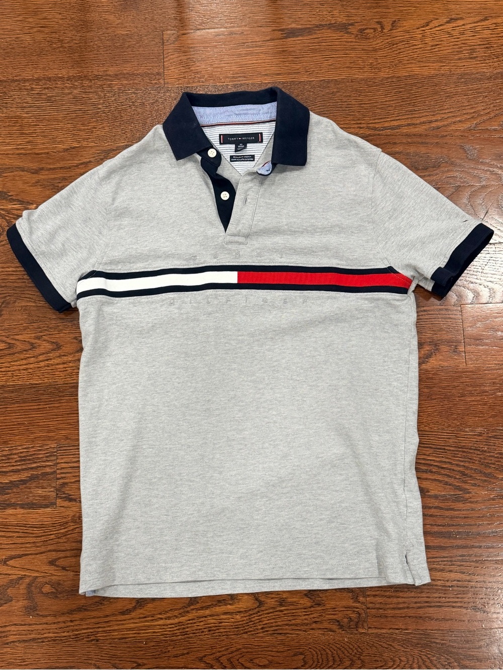 Tommy Hilfiger Men’s Heather Gray Polo with Navy, White & Red Stripe